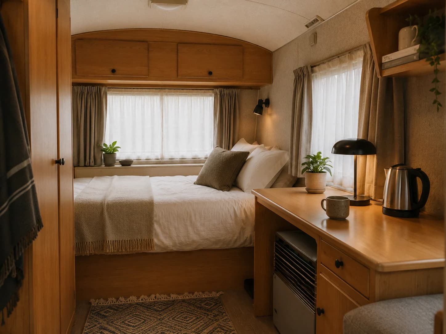 Clean compact interior of an older touring caravan used as a private home
