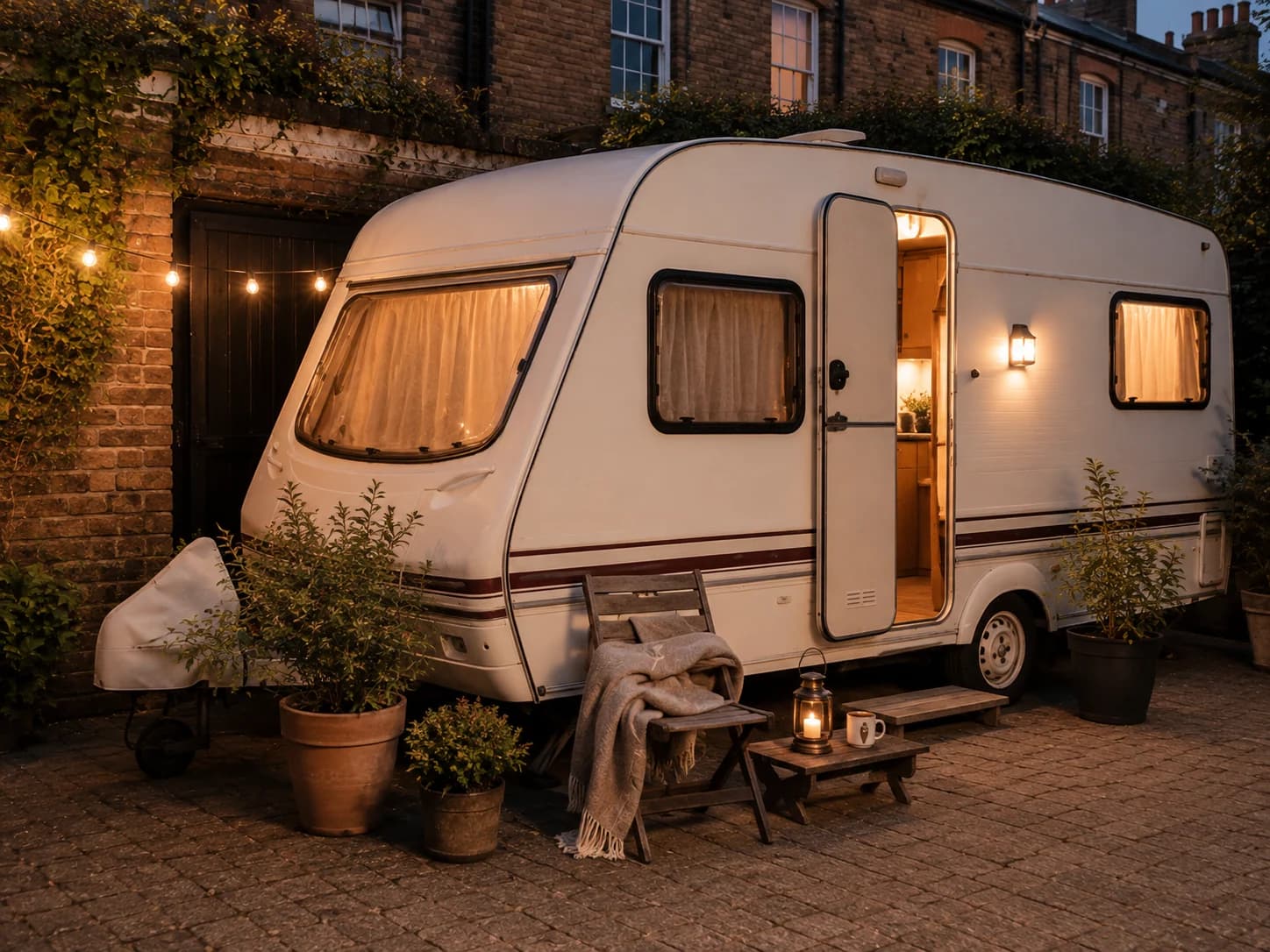 Older caravan with a warm light, chair and mug in a quiet courtyard