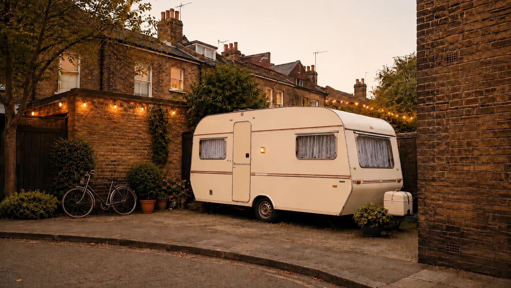 Older well-maintained caravan in an urban London courtyard